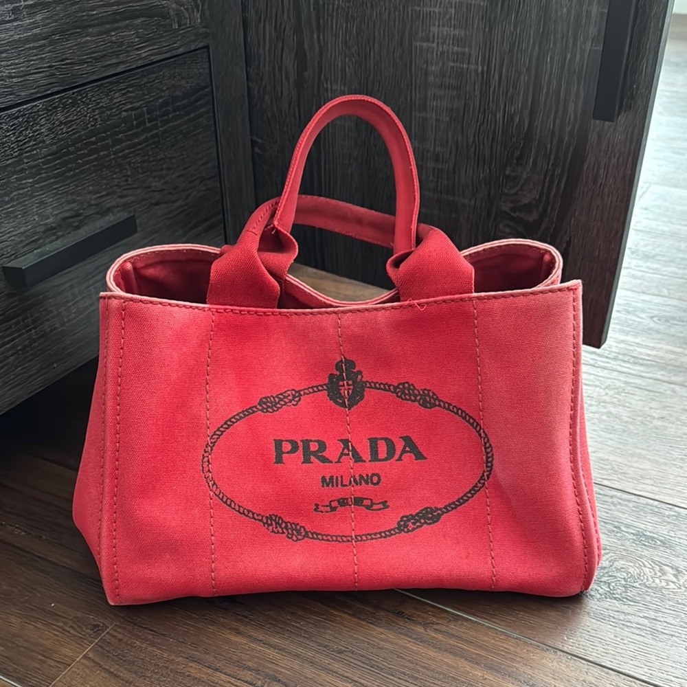 Prada Canapa Pre Owned Red Tote Canvas Bag Logo and Structured Design.Code 194/A - Picture 3 of 17
